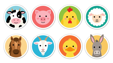 Obraz premium Pixel art farm animals set including cow, pig, chicken, sheep, horse, goat, duck, and donkey on isolated background