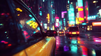 Obraz premium Riding through a rainy city at night in a taxi