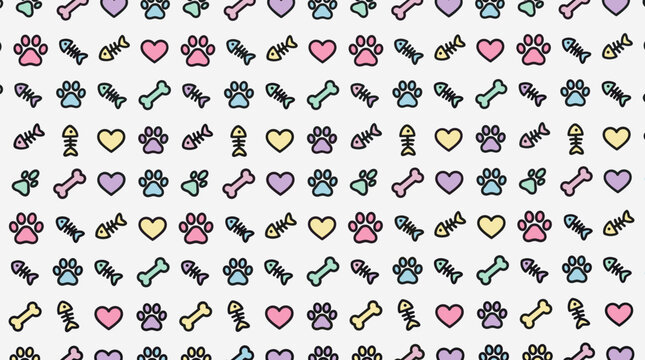 Seamless pixelated pet pattern with colorful paw prints, hearts, fishbones, and dog bones, perfect for fabric or packaging