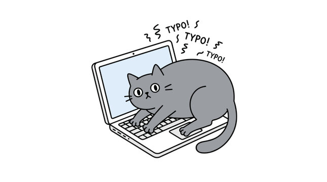 A cute gray cat typing on a laptop computer making typos, representing internet mischief or coding errors, isolated