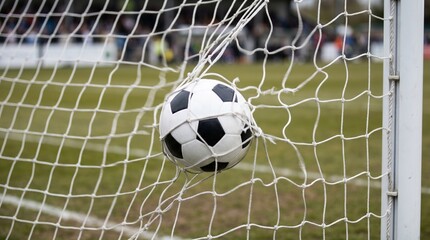 Fototapeta premium Soccer ball caught in the net of a goal during a match
