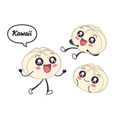Fototapeta premium Three adorable kawaii steamed buns with happy faces and arms and legs, one saying 