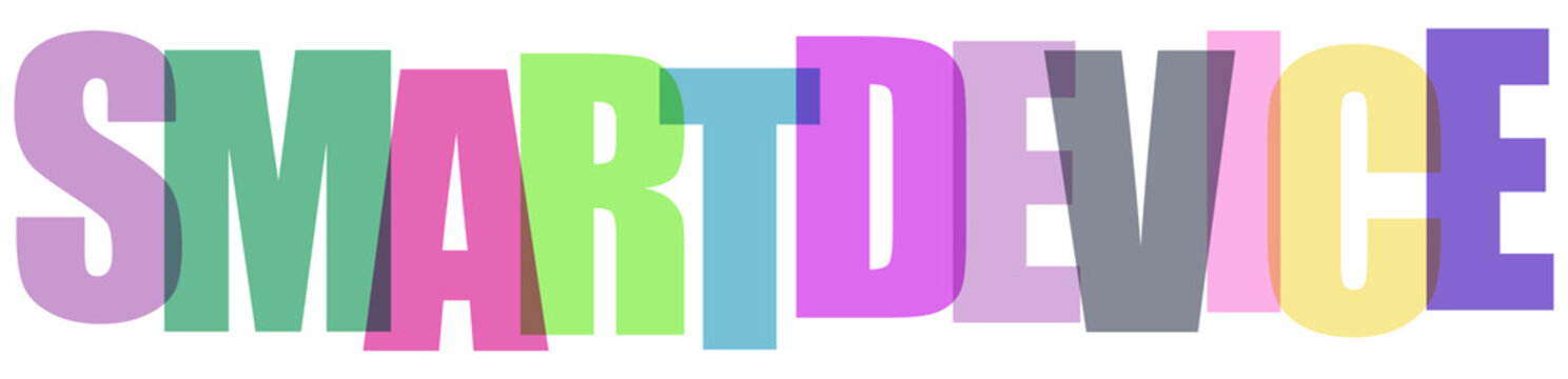 Colorful smart device text, smart device logo, multicolored tech word, device nameplate