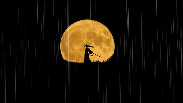 Silhouette of a samurai warrior standing in the rain against a large full moon at night