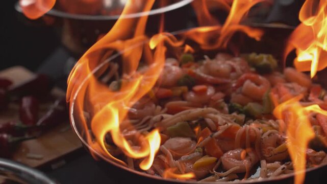 Stirfry shrimp and vegetables cooking in a flaming pan on a kitchen stove