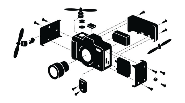 Exploded view of a drone camera system showing all components.