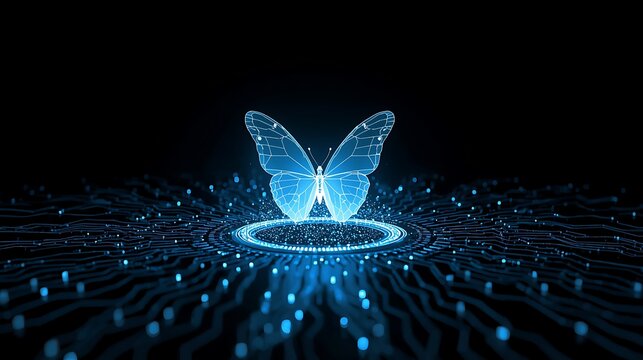 Digital butterfly made of glowing blue lines and nodes hovering over a futuristic circuit board background