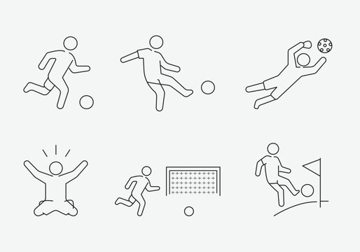 Set of soccer football outline icons featuring player running, kicking ball, goalkeeper diving save, goal celebration, goal post and corner kick. Editable stroke vector collection isolated on light ba