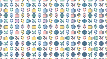 Fototapeta premium Seamless travel pixel art pattern with airplanes, globes, suitcases, and location pins in a retro 8-bit style, perfect for web backgrounds, packaging, and digital designs