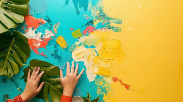 Child's hands painting colorful world map on bright yellow surface with brushes and leaves nearby