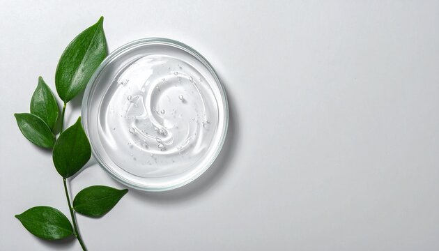 Collagen gel on a gray background, top view. Space for text.