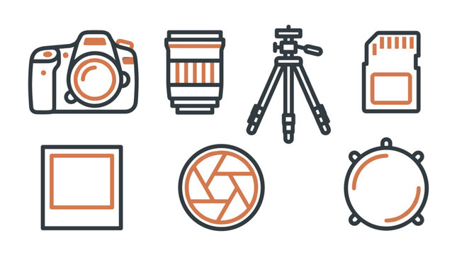 Pixel art style camera gear collection including DSLR, lens, tripod, memory card, and photo frame icons