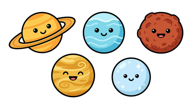 Cute pixel art planets in a row, featuring Saturn, Uranus, Mars, Venus, and a moon, perfect for children's educational content
