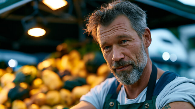 Food waste logistics specialist at a vibrant outdoor market partners with vendors at end of day to redirect unsold produce into a refrigerated rescue vehicle, sorting salvageable goods from spoiled 