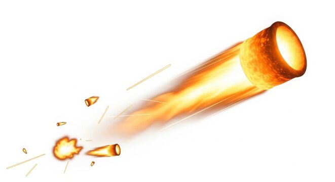 Burning fiery ring projectile with flying bullets and explosion trail isolated on white background