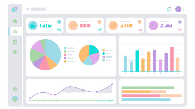 Clean analytical dashboard interface with colorful charts and graphs.