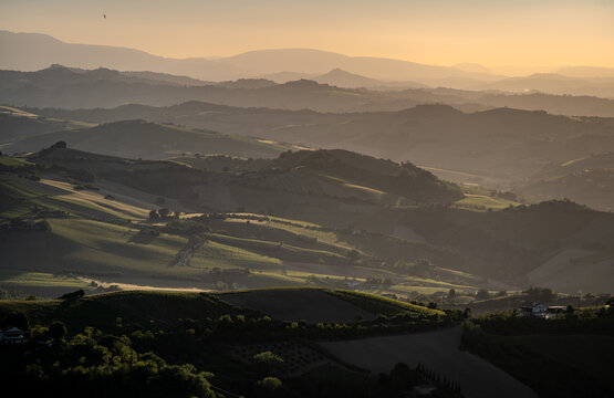 Marche, spectacular view and sunset on the Marche hills from the Ripatransone viewpoint. 2026
