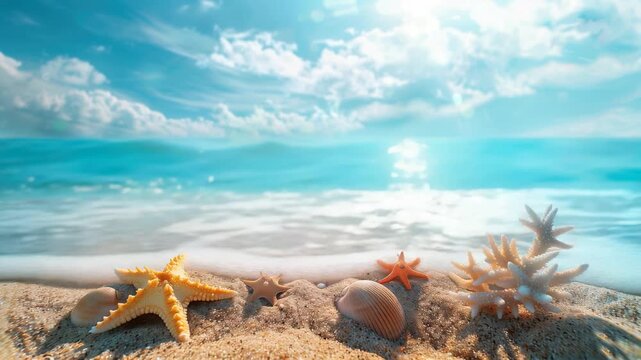 Starfish and shells on sunny beach with clear blue sky