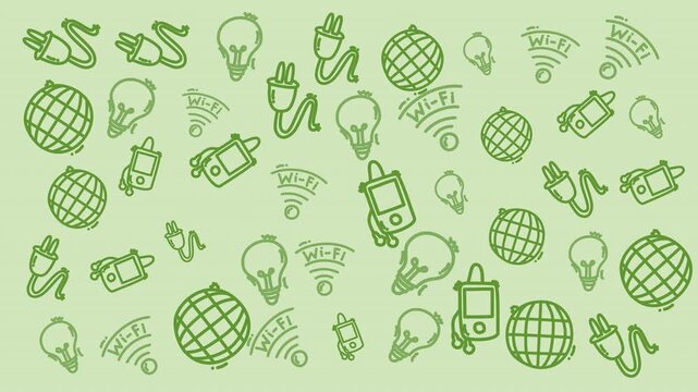 Green doodle icons float against transparent background. Electric plugs, light bulbs, and globes fill the scene. Wireless signals and gadgets blend with tech symbols