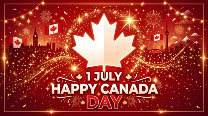 Naklejka premium Canada Day celebration with fireworks and national maple leaf flag in festive dark sky background