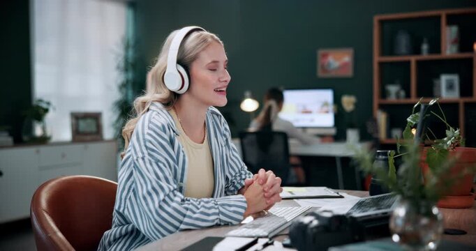 Headphones, video call and businesswoman in office with communication, feedback or online meeting. Waving, audio tech and magazine editor on virtual discussion for publishing review in workplace.