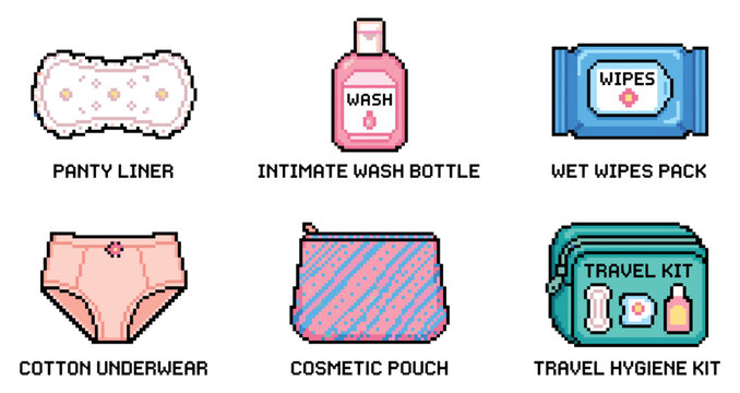 Feminine hygiene pixel art icon set for personal care