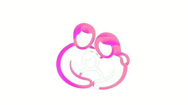Abstract modern line art icon of a family, two parents embracing a child, in a soft pink and orange gradient, symbolizing love and unity