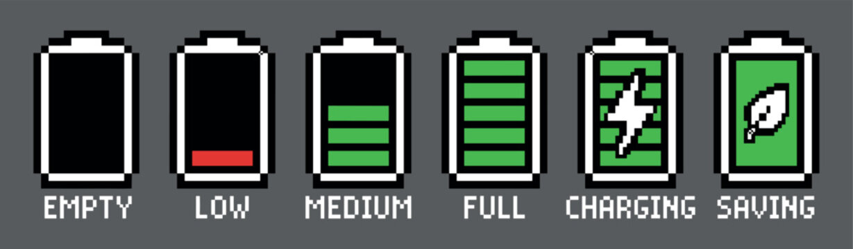 Battery status pixel icon set showing different power levels