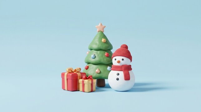 파스텔 블루 여백과 정중앙에 배치된 커다란 3D 아이소메트릭 크리스마스 미니어처들