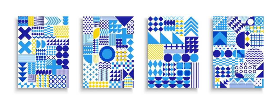 Geometric abstract posters collection in Swiss Bauhaus style. Creative modern art covers with decorative mosaic print. Set of brochures, backgrounds with primitive shapes and minimalist patterns