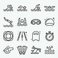 Swimming and Aquatic Sports Outline Icons Set on Isolated White Background © wira