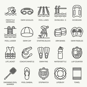 Swimming and Pool Icons, Showcasing Pool Lanes, Diving Boards, Arm Bands, Swim Paddles and Water Bottle on Isolated White Background