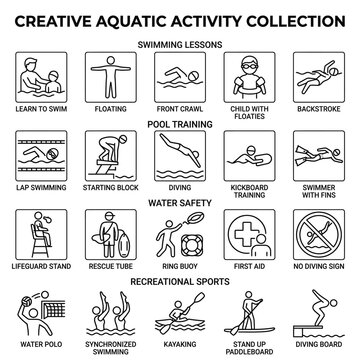 Creative Aquatic Activity Collection of Line Icons, Including Swimming Lessons, Water Safety and Recreational Sports on Isolated White Background