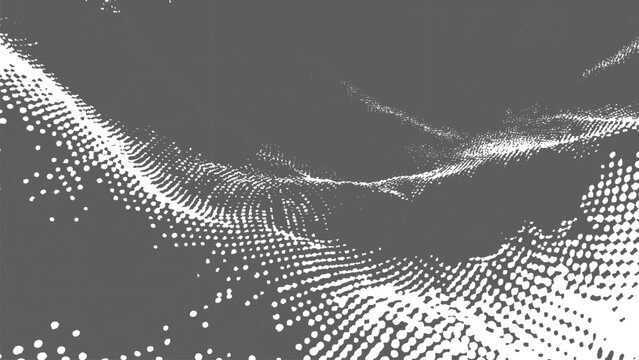 White dots on gray background forming wavy pattern with scattered particles everywhere slowly moving