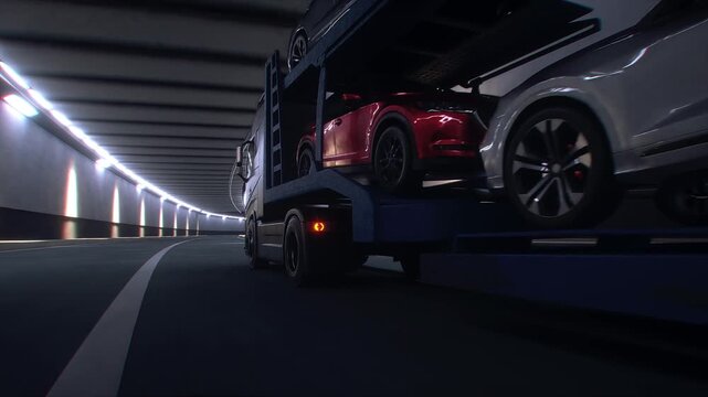 A 3d model of car transporter carrying cars drives through a tunnel at high speed. Transport business concept. Realistic 4k animation.