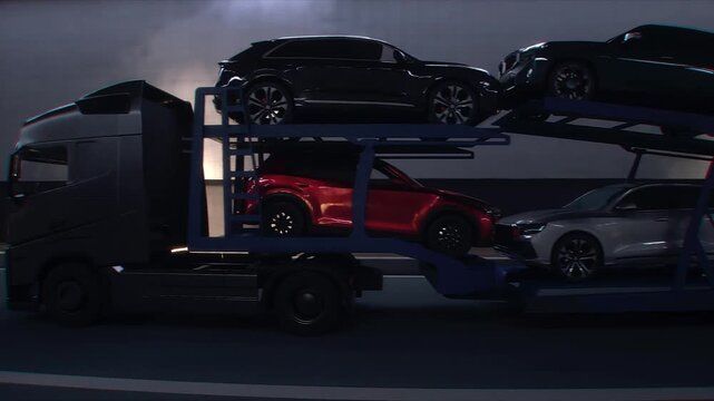 A 3d model of car transporter carrying cars drives through a tunnel at high speed. Transport business concept. Realistic 4k animation.