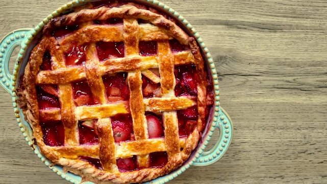 Homemade strawberry rhubarb pie rotating top view fresh baked dessert pastry sweet fruit tart rustic bakery