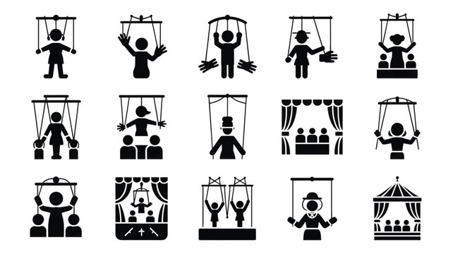 Set of 15 Black Puppet and Puppeteer Control Icons Vector
