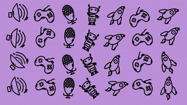 Black cartoon icons on transparent background. Game controller, robot, rocket, and banana shapes shown. Each icon stylized with playful, hand-drawn edges. Perfect for video game or tech-themed designs