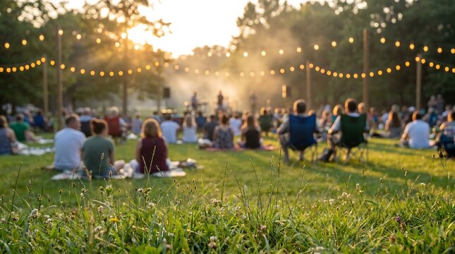Group of people sitting on green grass lawn enjoying outdoor live music performance under hanging string lights at sunset in public park during warm summer evening event with golden sun flare