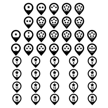 GPS navigation interface elements and business review ranking system graphics collection. Minimalist black silhouettes for destination tracker markers with one to five stars