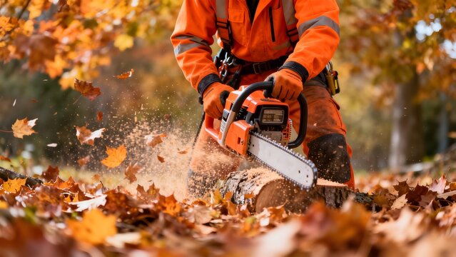 Person cutting tree log with chainsaw