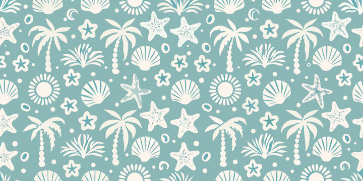 Seashells starfish and palm tree pattern on a teal background
