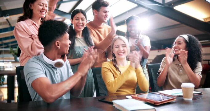 Success, clapping or people in college with tablet, thesis results or good news on team project. University, tech or students with applause, academic achievement or approval on group submission.