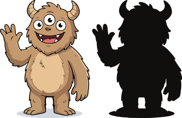 Cute funny furry monster cartoon character with silhouette version, friendly brown creature waving hand in flat design style for kids, game, mascot and sticker use. © MDBodrulIslam
