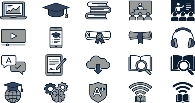 Online Education and E Learning Flat Line Icon Set with Graduation Cap University Classroom Video Courses and Digital Study Symbols for Website Interface
