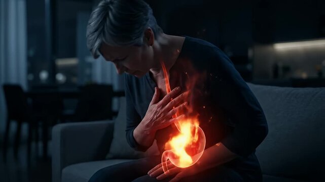 Senior woman experiencing severe acid reflux and stomach burning