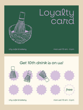 Matcha cafe loyalty card design in green, lavender and beige