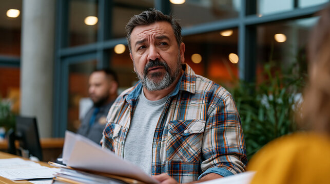 Frustrated middle-aged homeowner standing before county assessor office counter holding thick folder of comparable property valuations, formal protest documentation spread across service window duri