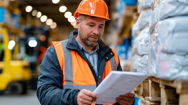 Freight forwarding specialist in a bustling international cargo terminal reviews air waybill documents beside towering stacked pallets, focused expression conveying precision routing expertise amid 
